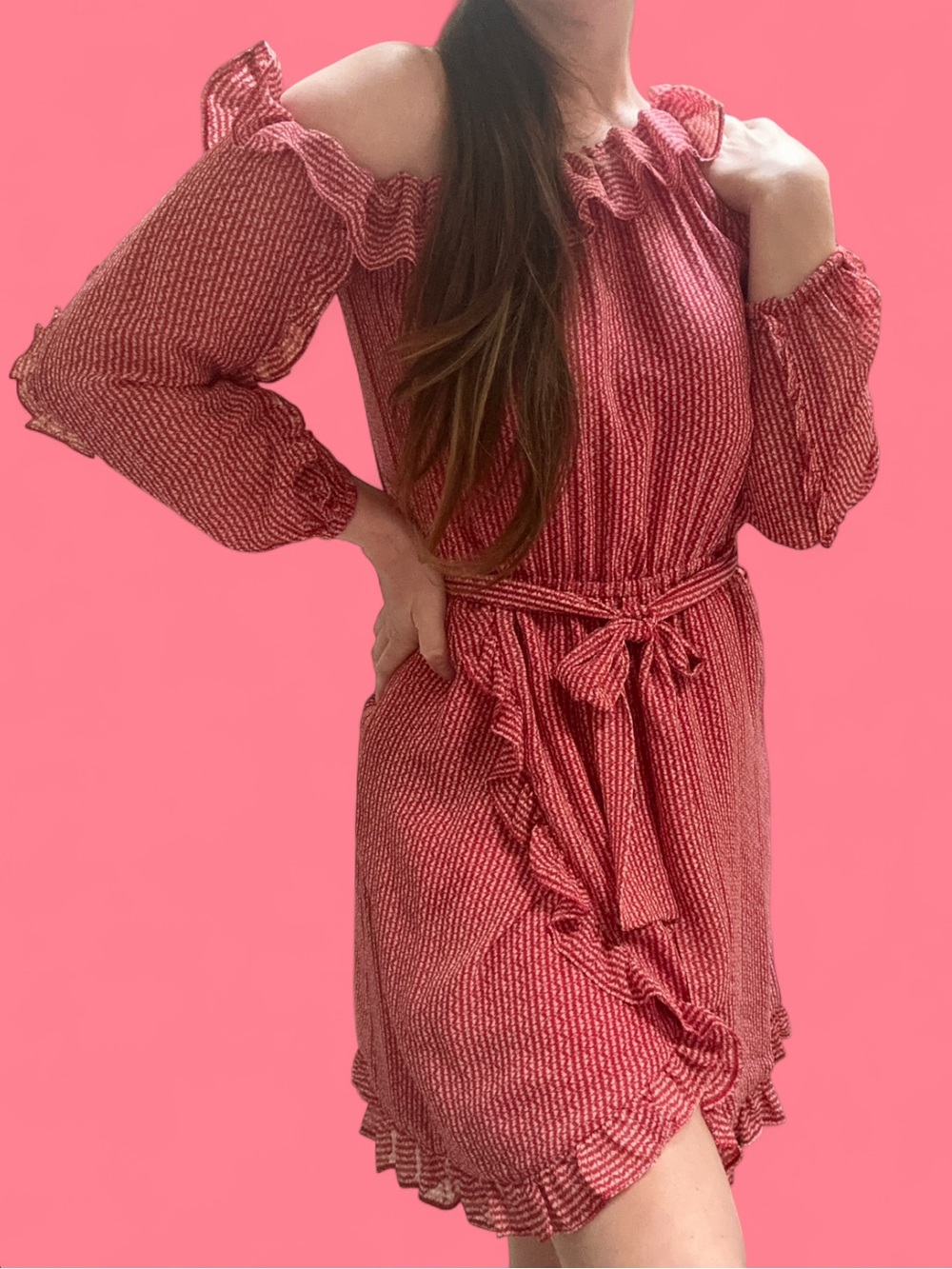 Vince Camuto • Off The Shoulder Long Sleeve Ruffle Hem Wrap Style Dress